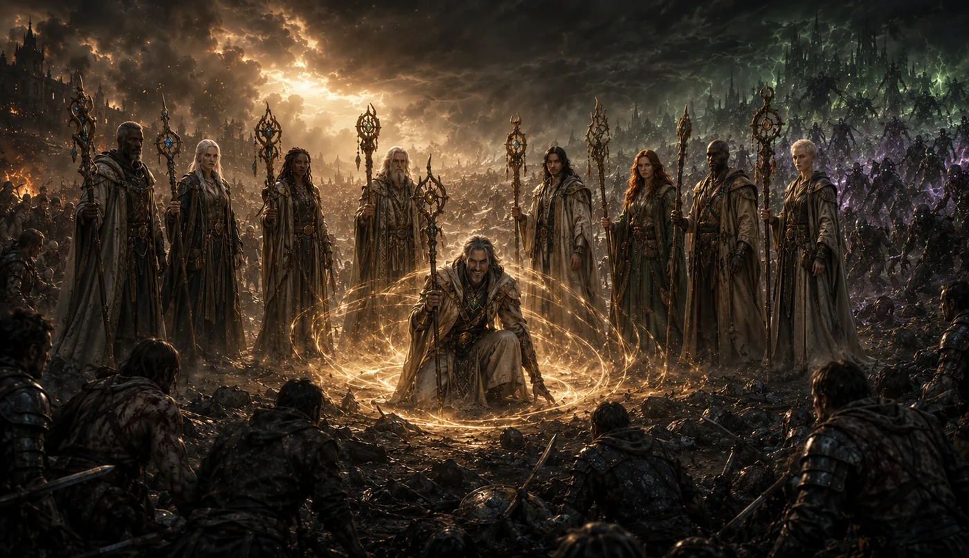 Nine robed figures stand between the defenders and the horde
