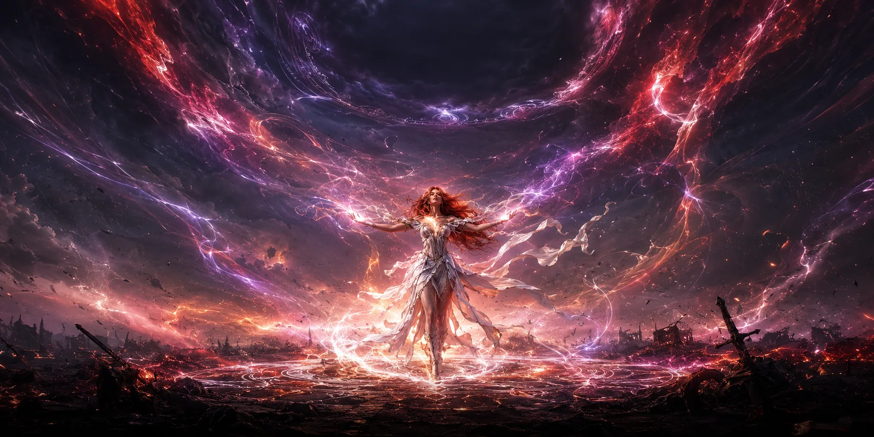 Jane at full song — a colossal working of violet, crimson, and gold tearing the sky open above a battlefield of broken swords