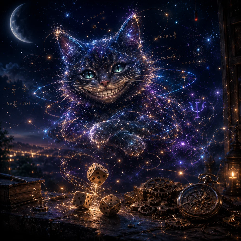 A grinning cat drawn in starlight and quantum threads above dice, gears, and a pocket watch