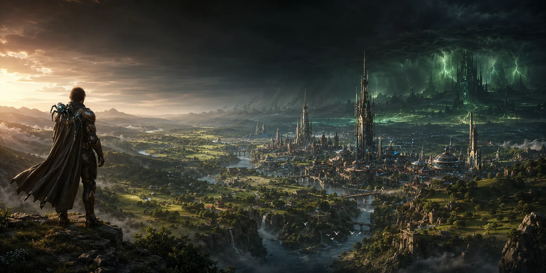 A lone Guardian on a ridge, a steel spider glinting on their shoulder, overlooking a rebuilt valley city — and on the far horizon, the Eversor fifth under a sickly green storm