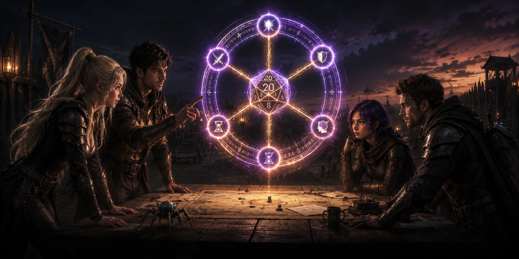 Four Guardians around the war table at dusk, a conjured wheel of six glowing sigils turning above a d20, Tela the steel spider watching from the map