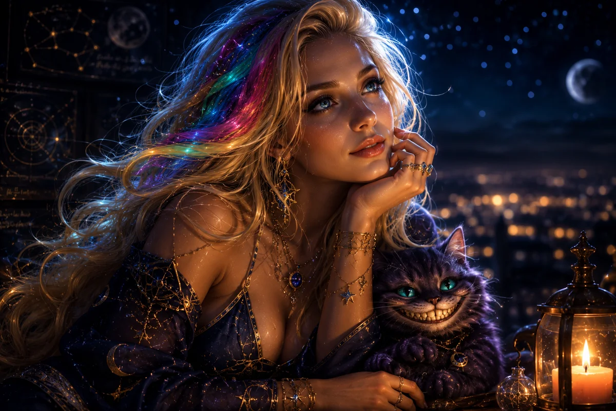 Lunara by candlelight, the grinning moon-cat curled against her