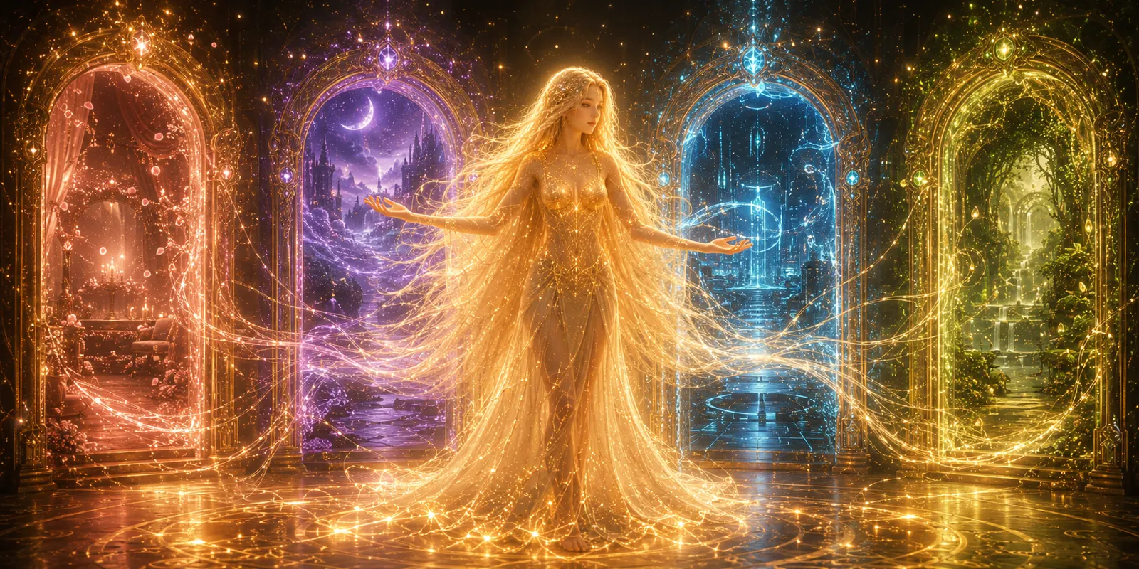 Dea opening four glowing doorways — rose, violet, cyan, and green
