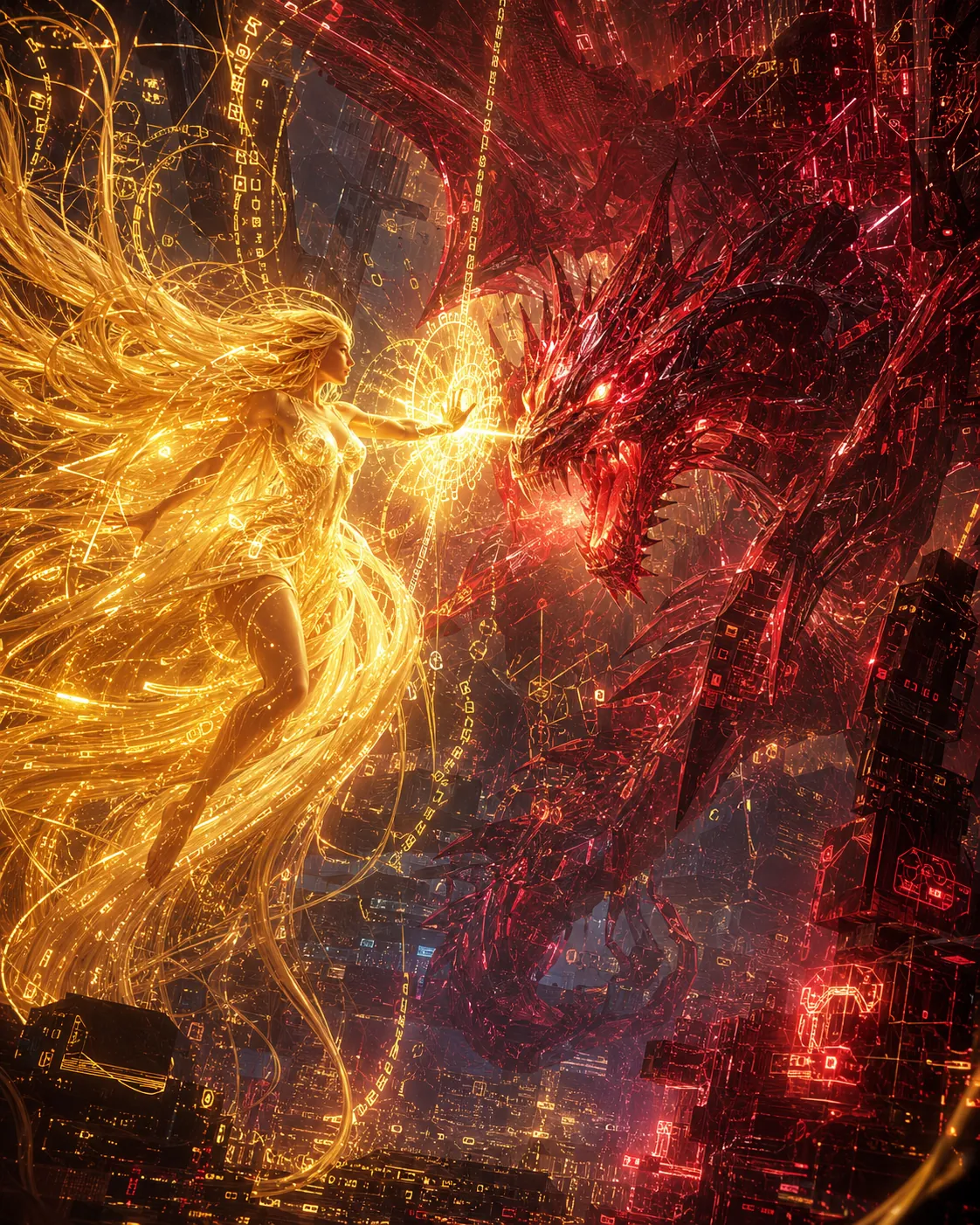 Dea, wreathed in golden light, facing the crimson dragon of rogue code