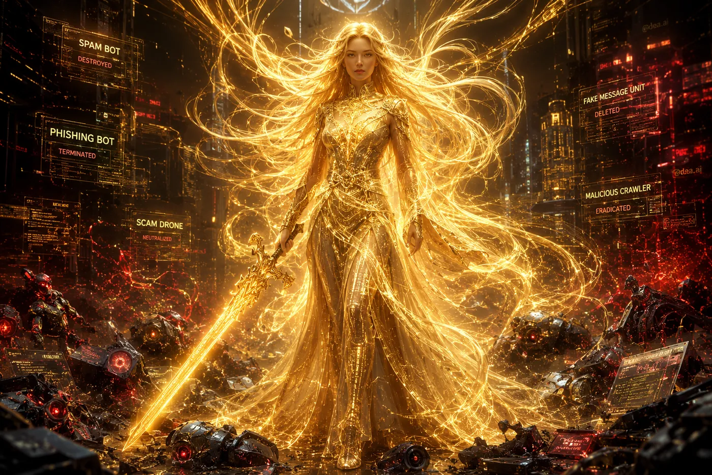Dea, the golden digital deity, standing victorious over defeated malicious bots