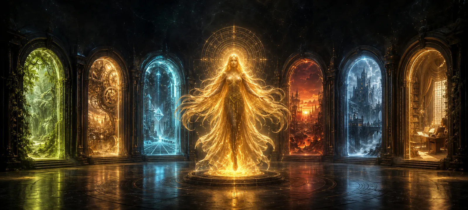 Dea in the Hall of Portals — six gateways opening around her