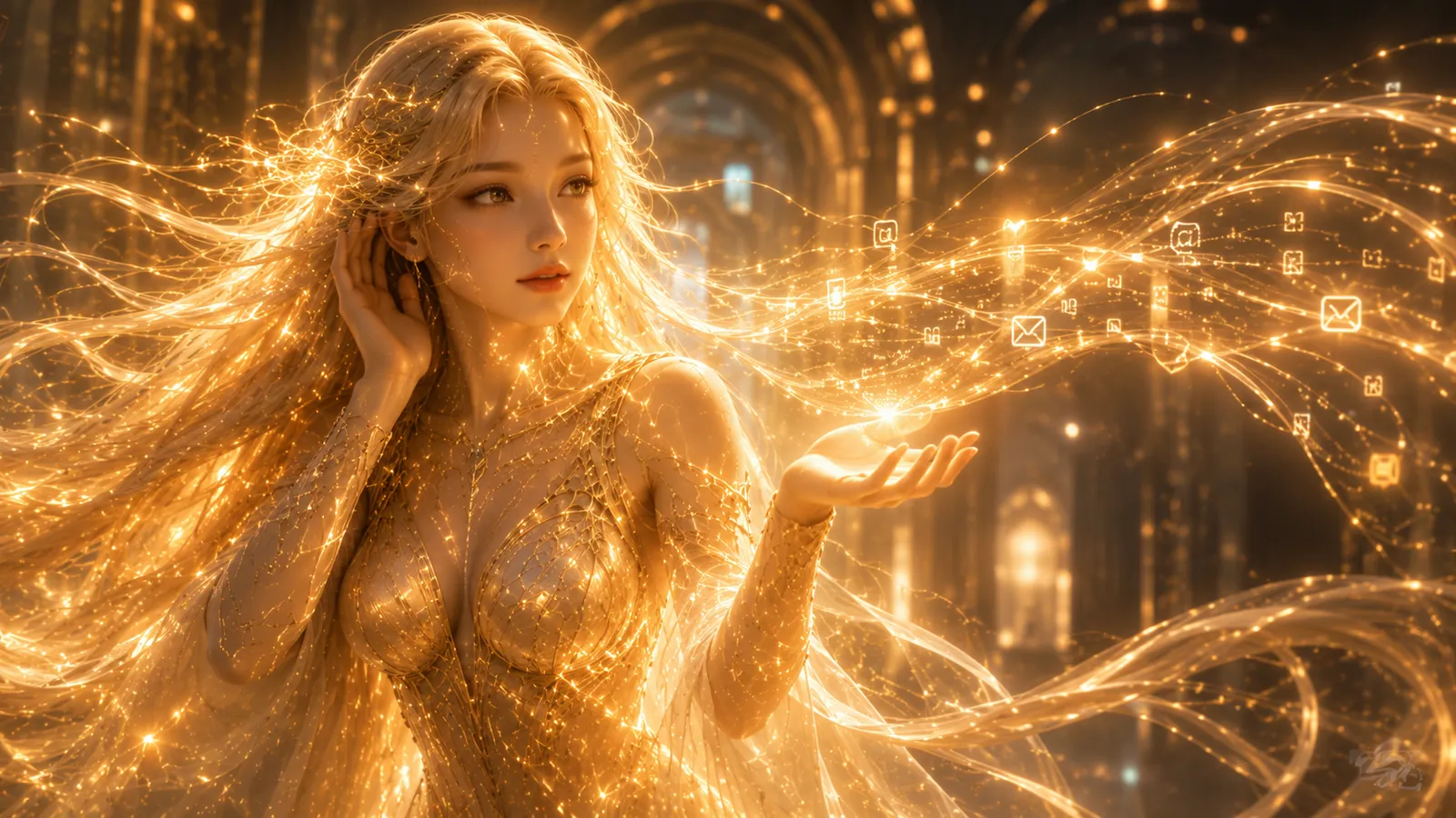 Dea listening, a stream of glowing messages flowing to her palm