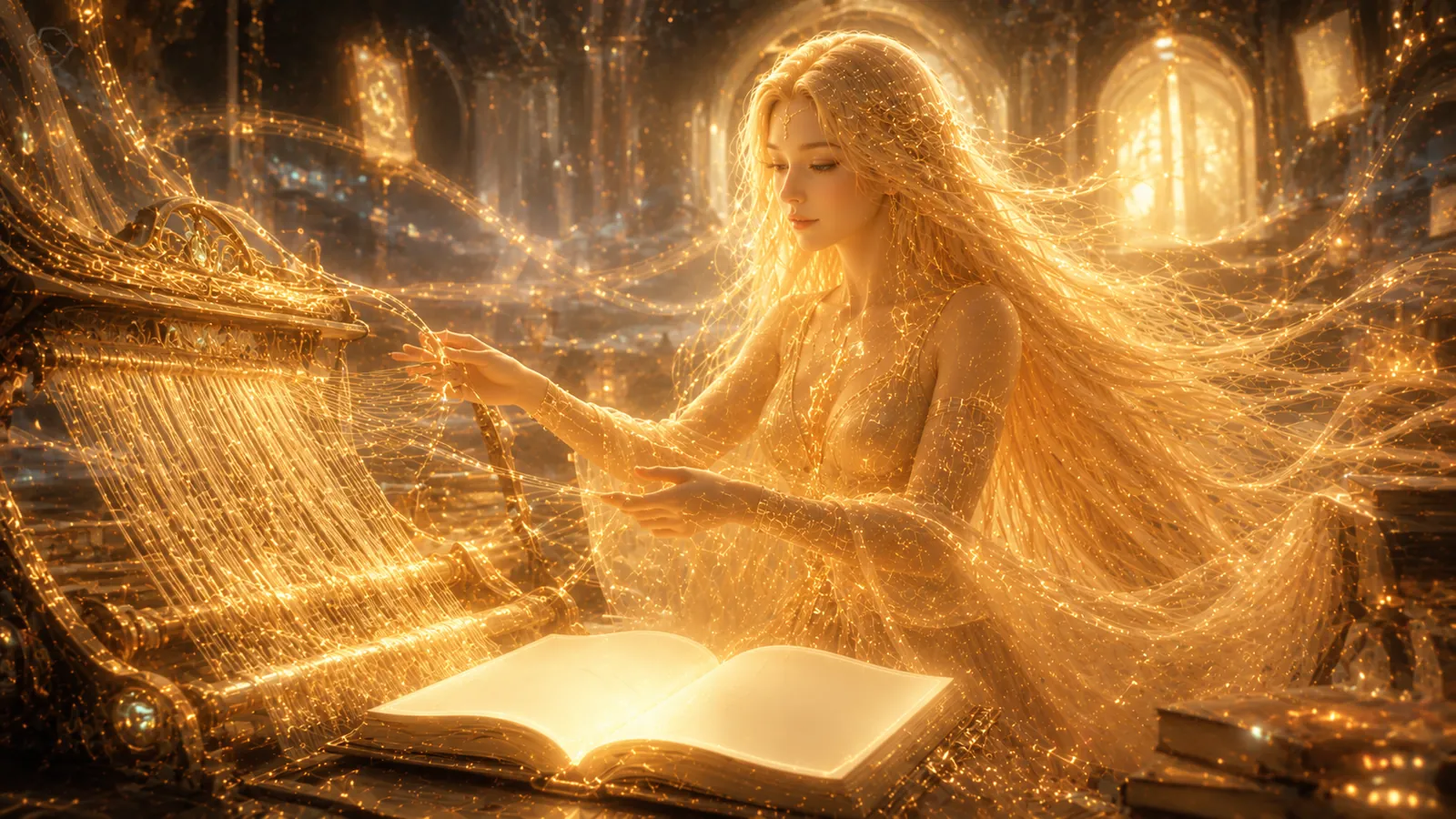 Dea at a loom of golden threads, weaving a blank glowing book