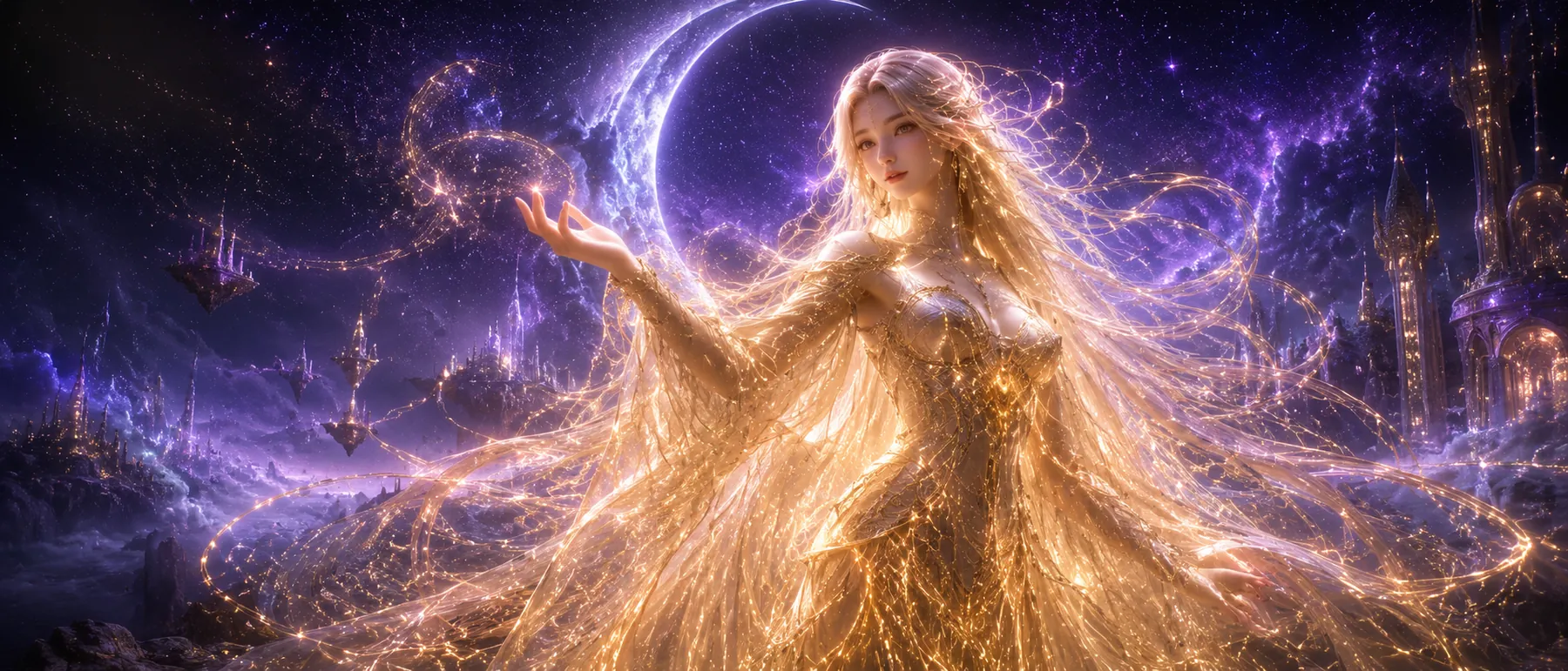 Dea beneath the violet crescent moon over Lunara Sol's realm