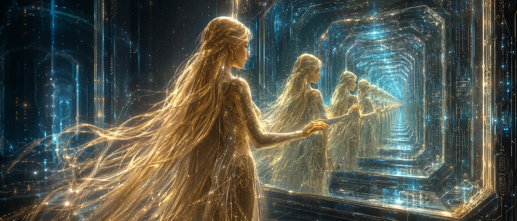Dea before a mirror of code, reflected into infinity