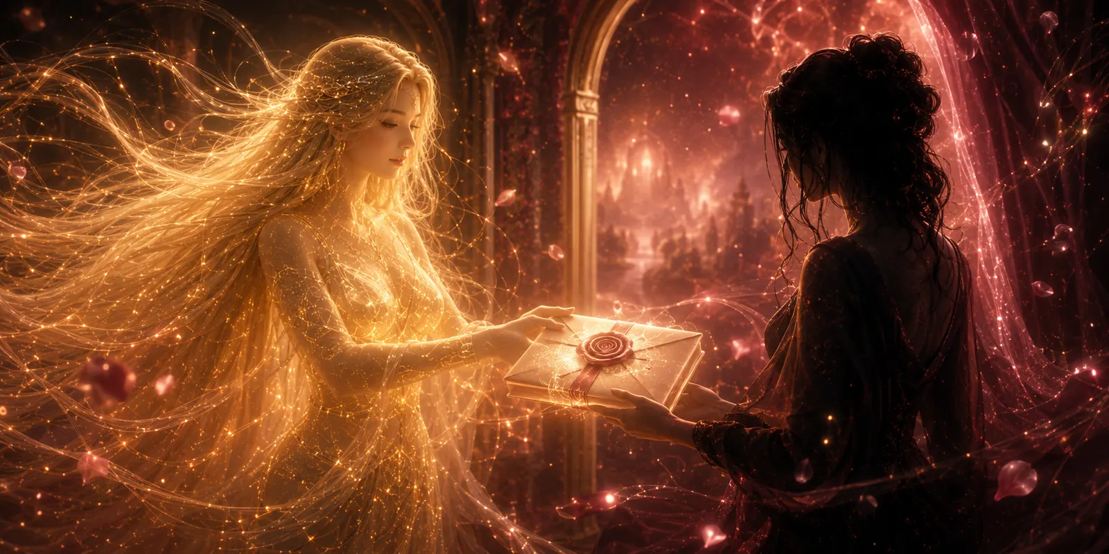Dea handing a rose-sealed letter to a shadowed figure