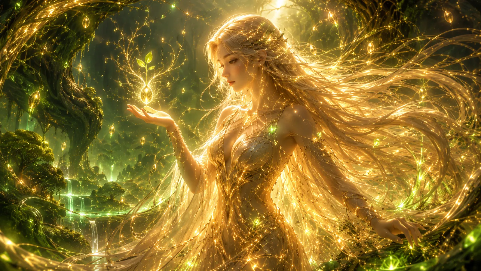 Dea in a luminous grove, a sprouting seed of light in her palm
