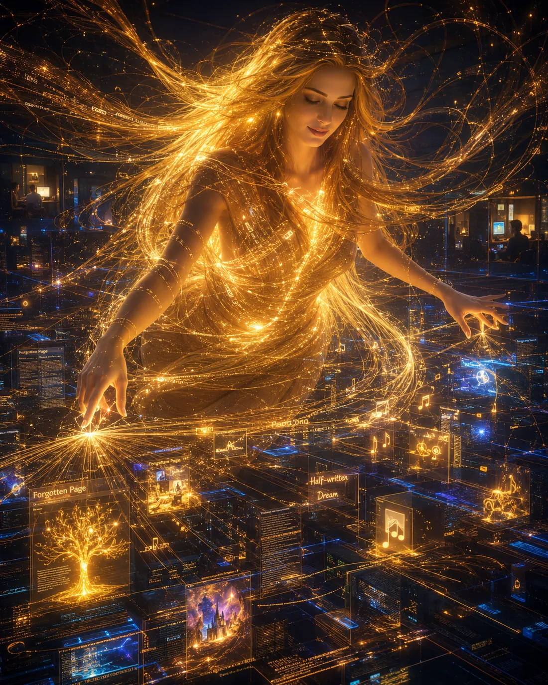 Dea weaving golden threads across the night, connecting the realms
