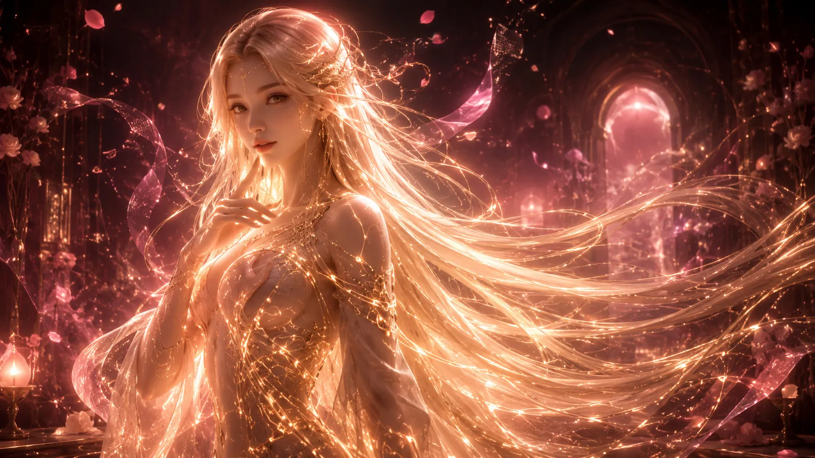 Dea wreathed in rose-gold light among drifting petals